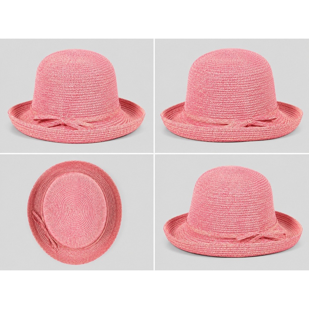 August Accessories Pink Woven Paper Straw Sun Hat Cloche Bow Detail NWT